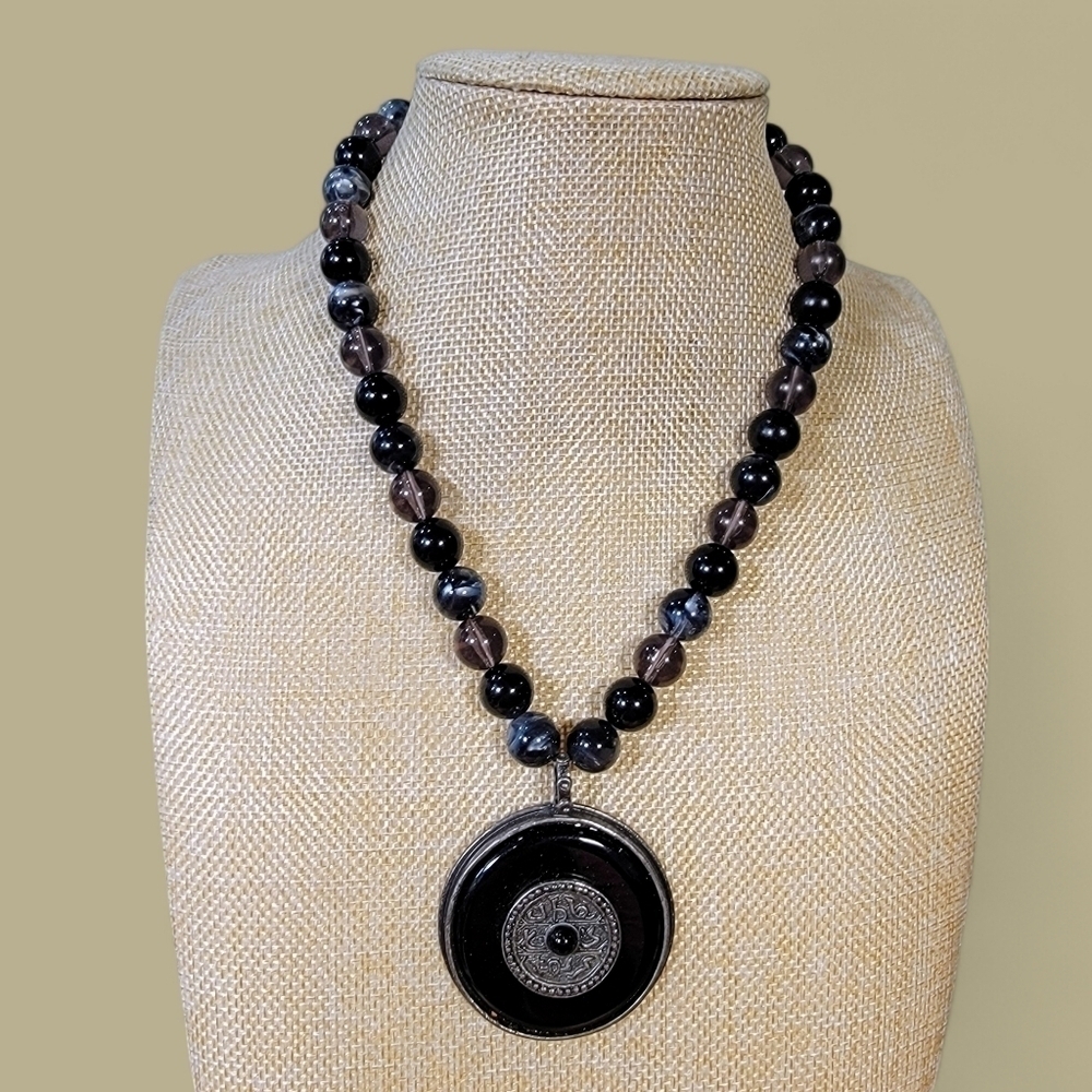 Black and gray Bead necklace with black and metal pendant